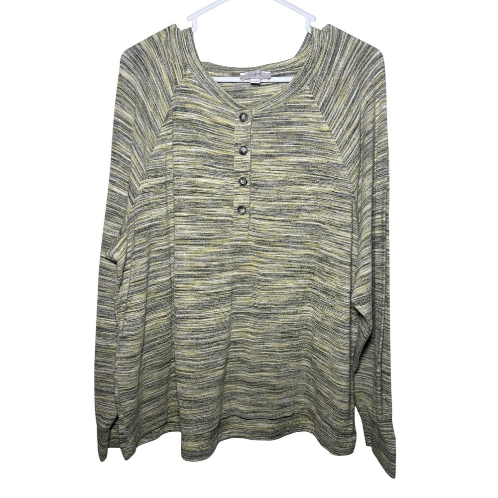 LOFT Henley Knit Long Sleeve Top Green Yellow Stripe Womens Size XL